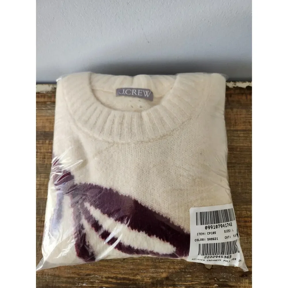 NWOT J. Crew Crewneck Pullover Sweater Western Girly Bow Print Ivory/Burgundy L